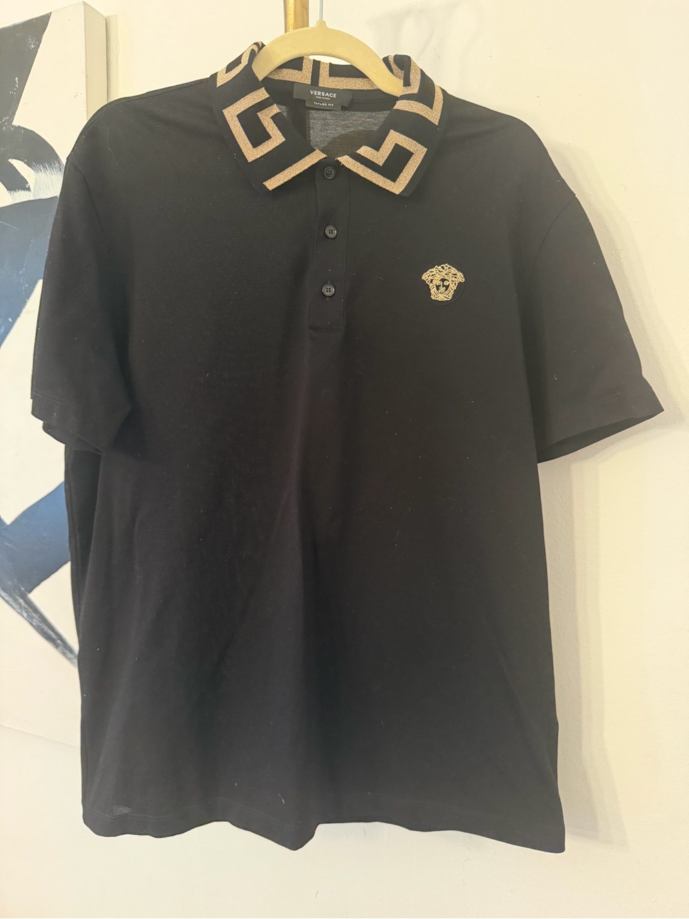 Versace Black Polo with Gold Greca Collar and Medusa Patch